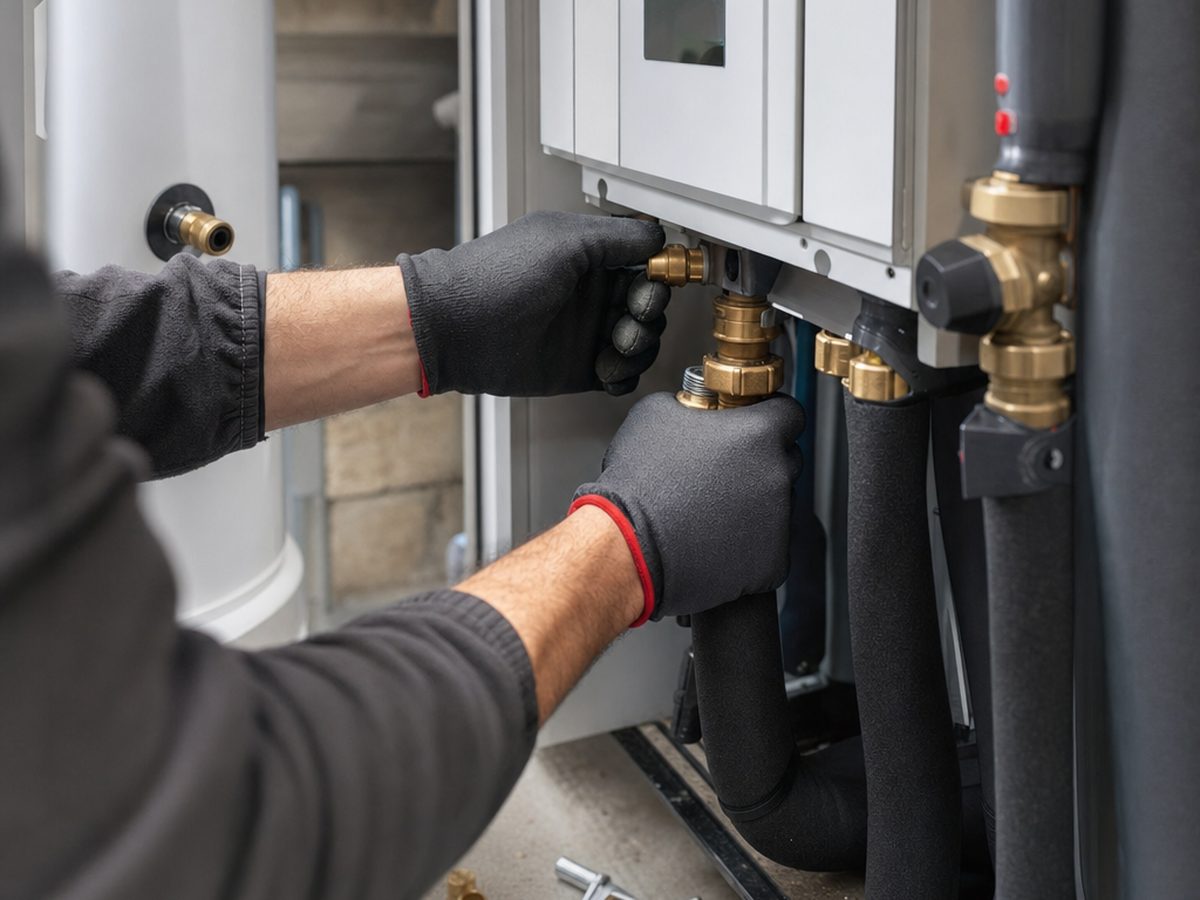 Installateur de pompe à chaleur air/eau au travail